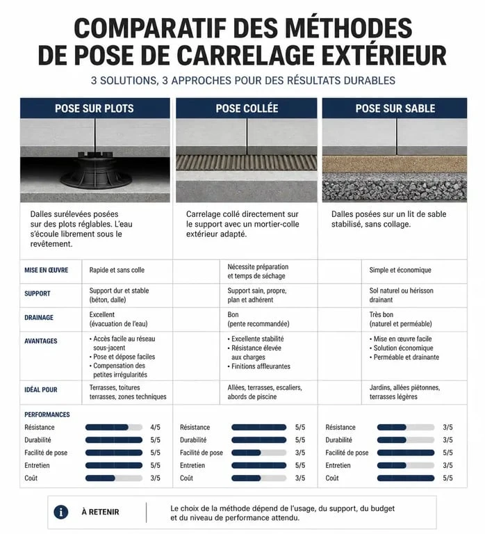 Comparatif des techniques de pose de carrelage extérieur : pose sur plots, pose collée et pose sur sable pour éviter les inconvénients du carrelage sur plot.