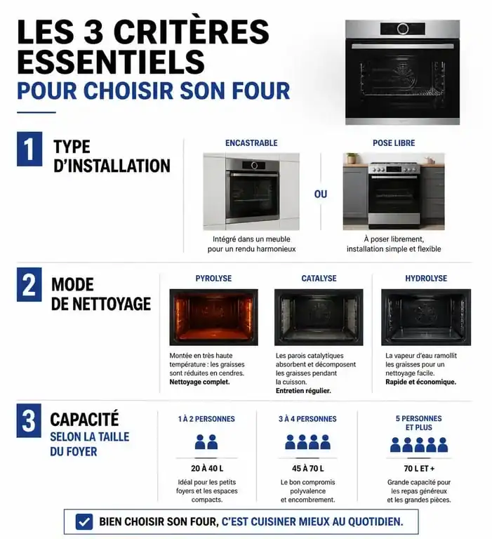 Infographie récapitulative pour choisir son four : types, nettoyage et capacité
