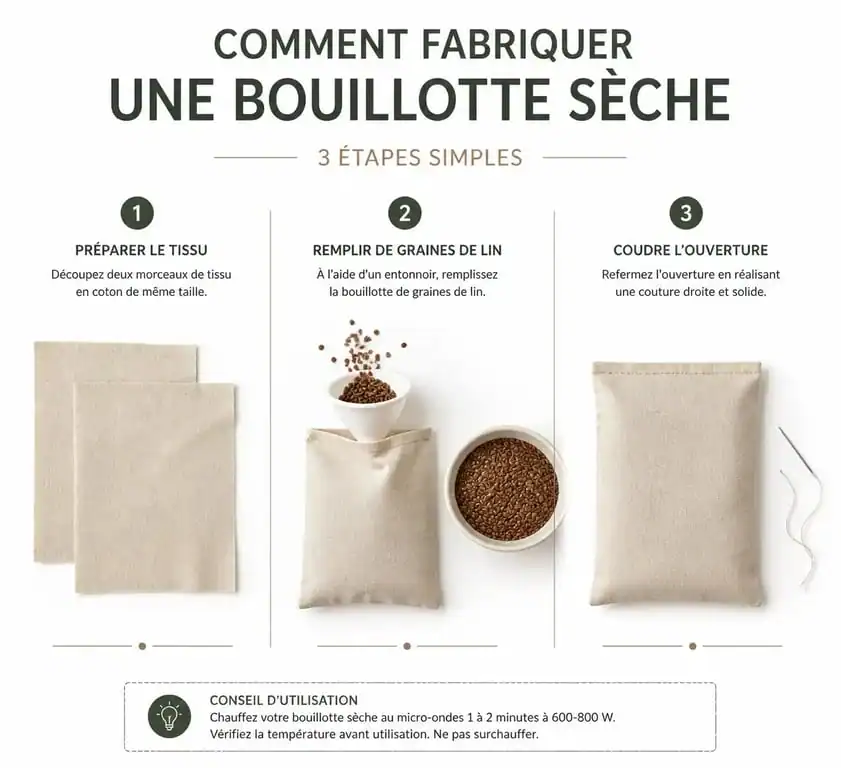 Étapes de fabrication d'une bouillotte maison en tissu et graines de lin