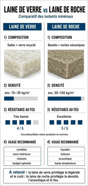 Tableau comparatif des différences entre laine de verre et laine de roche pour l'isolation thermique