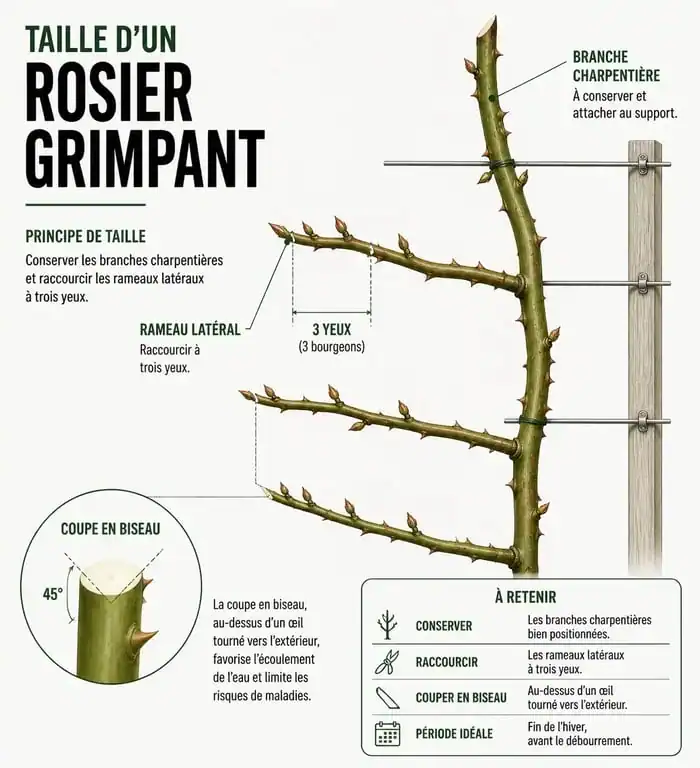 Schéma explicatif de la taille des rosiers grimpants : règle des trois yeux sur rameaux latéraux