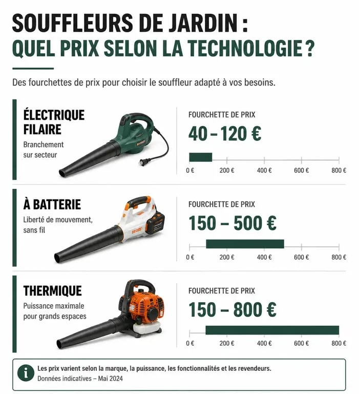 Infographie comparative des prix des souffleurs de jardin selon le type de motorisation et la surface de terrain.