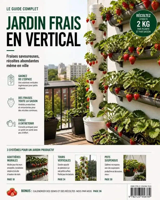 Installation de plantation de fraisier en hauteur sur un balcon urbain avec des gouttières et tours à fraisiers.