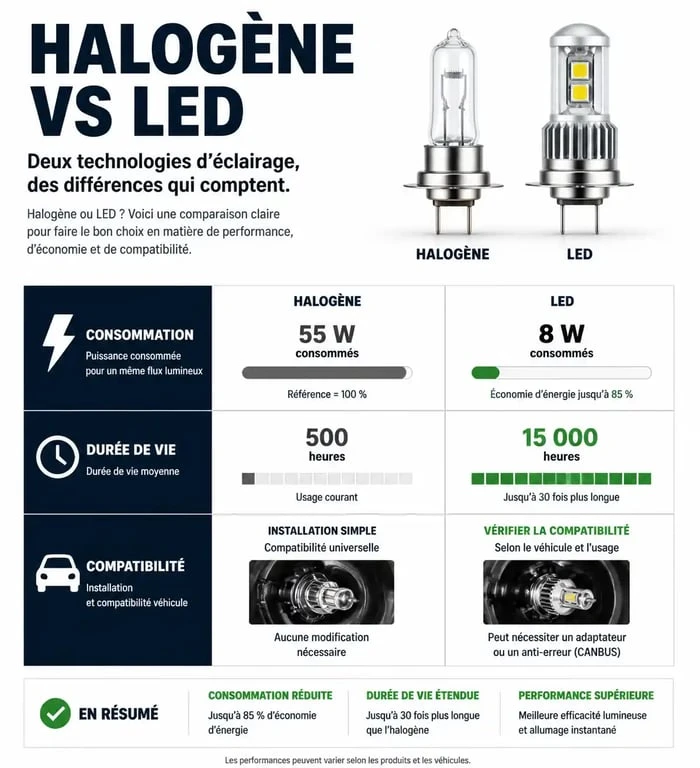 Tableau comparatif technique entre ampoule halogène et ampoule LED pour le remplacement
