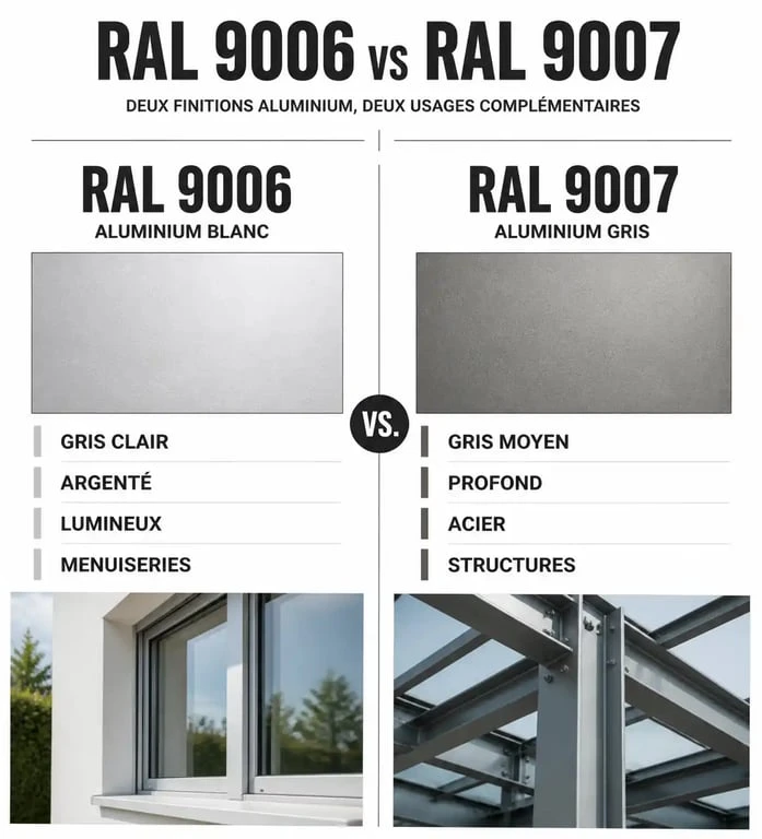Comparatif visuel des teintes RAL 9006 et RAL 9007 pour le choix de peinture industrielle