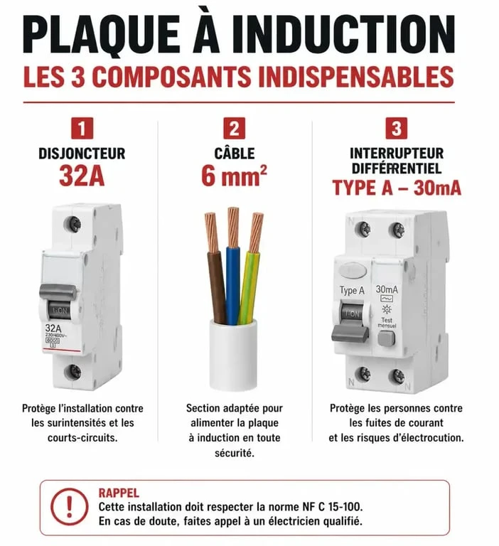 Schéma récapitulatif des composants électriques pour une plaque à induction : disjoncteur 32A et câble 6mm2