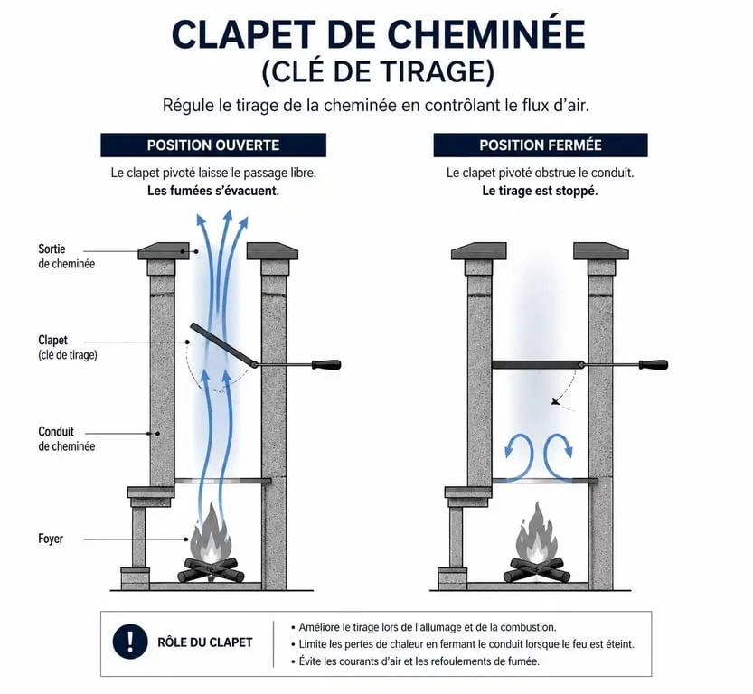 Schéma de fonctionnement d'un clapet de cheminée pour réguler le tirage et la chaleur