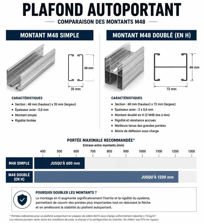 Schéma technique des portées maximales pour plafond autoportant avec montants M48 simples et doublés