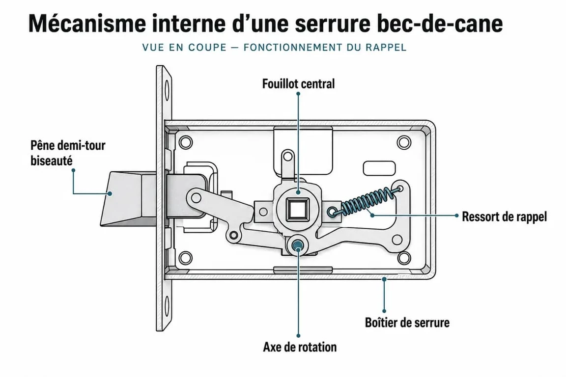 Schéma technique explicatif du fonctionnement d'une serrure bec-de-cane avec pêne demi-tour