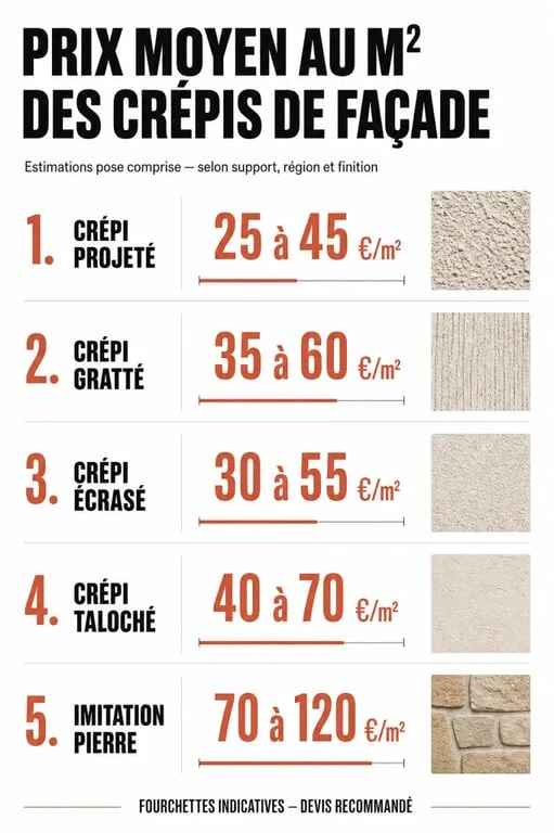 Tableau comparatif des prix au m² pour différents types de crépi de façade.