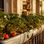 Plantation fraisier en hauteur dans gouttières sur balcon