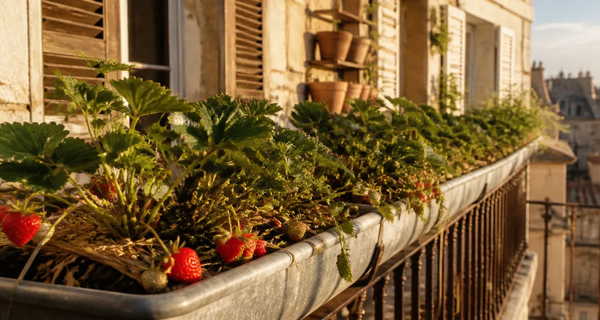 Plantation fraisier en hauteur dans gouttières sur balcon