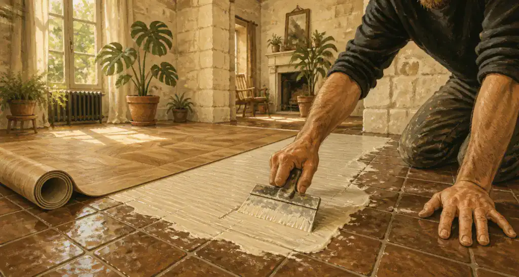 Poser du lino sur carrelage, artisan étalant sous-couche