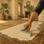 Poser du lino sur carrelage, artisan étalant sous-couche