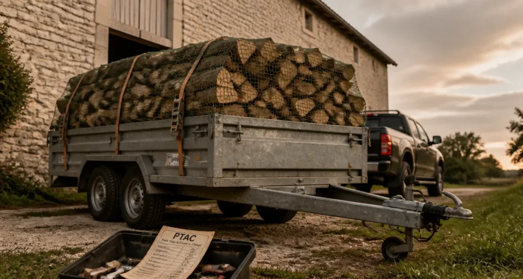 Remorque pour bois de chauffage freinée avec bûches sur ridelles hautes