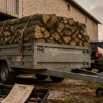 Remorque pour bois de chauffage freinée avec bûches sur ridelles hautes
