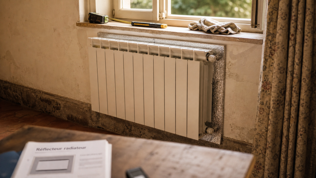 Aluminium pour radiateur : panneau réflecteur derrière un radiateur sur mur extérieur froid