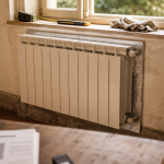 Aluminium pour radiateur : panneau réflecteur derrière un radiateur sur mur extérieur froid