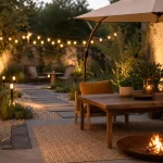 Déco jardin extérieur : terrasse avec lumière, bordures et matières naturelles