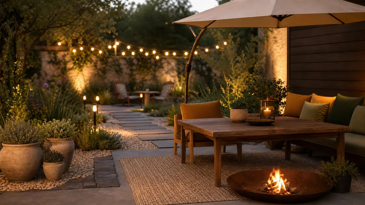 Déco jardin extérieur : terrasse avec lumière, bordures et matières naturelles