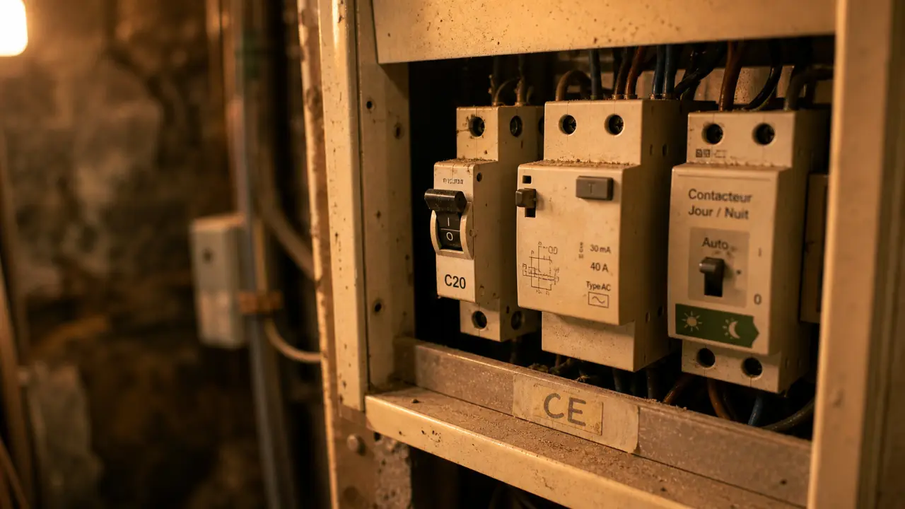 Disjoncteur chauffe-eau position I/O et calibre 20A, tableau électrique