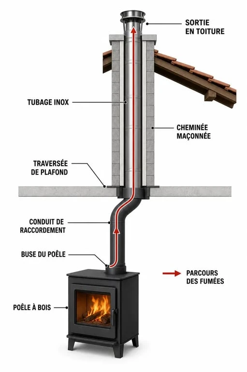 Schéma éditorial du poele a bois et tubage avec parcours des fumées