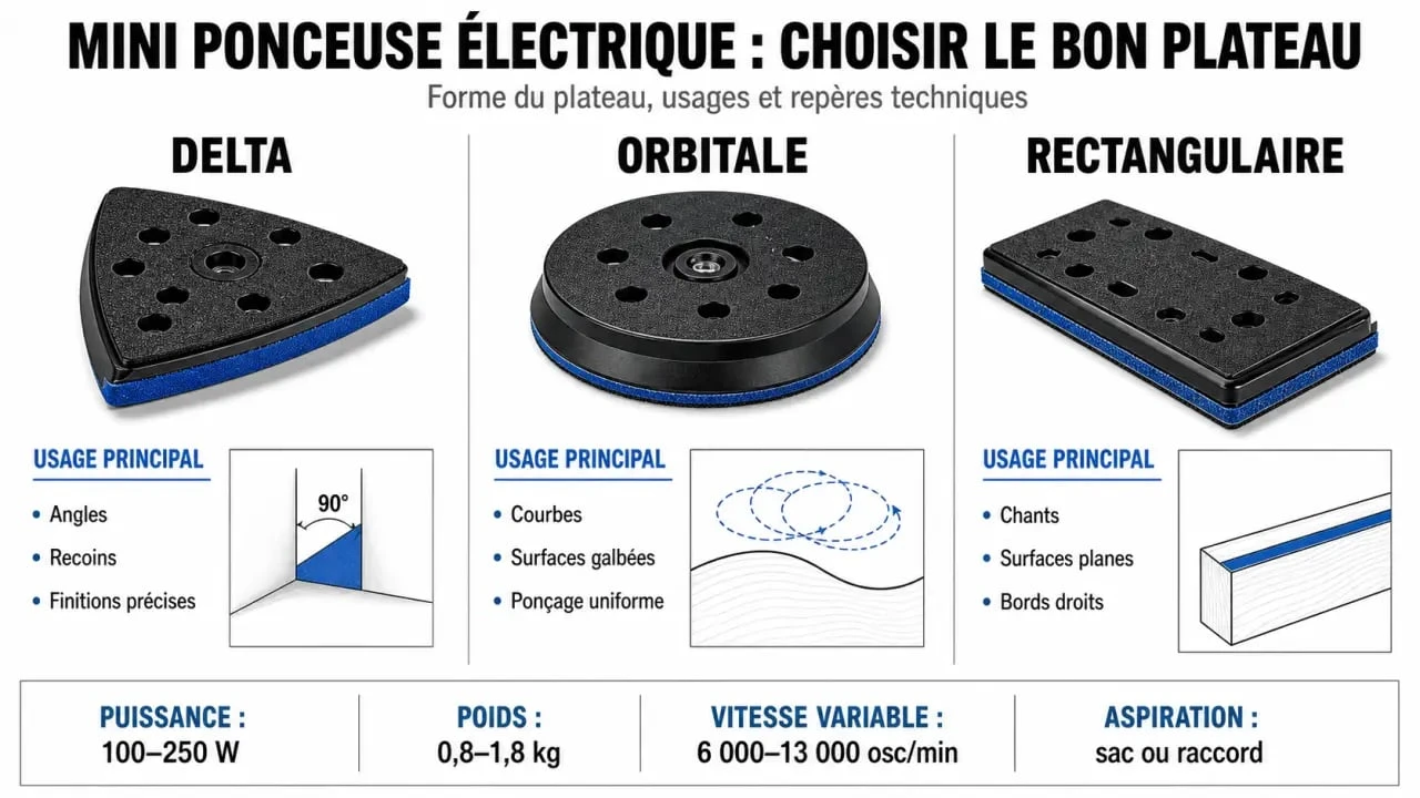 Comparatif mini ponceuse électrique entre plateau delta, orbitale et rectangulaire