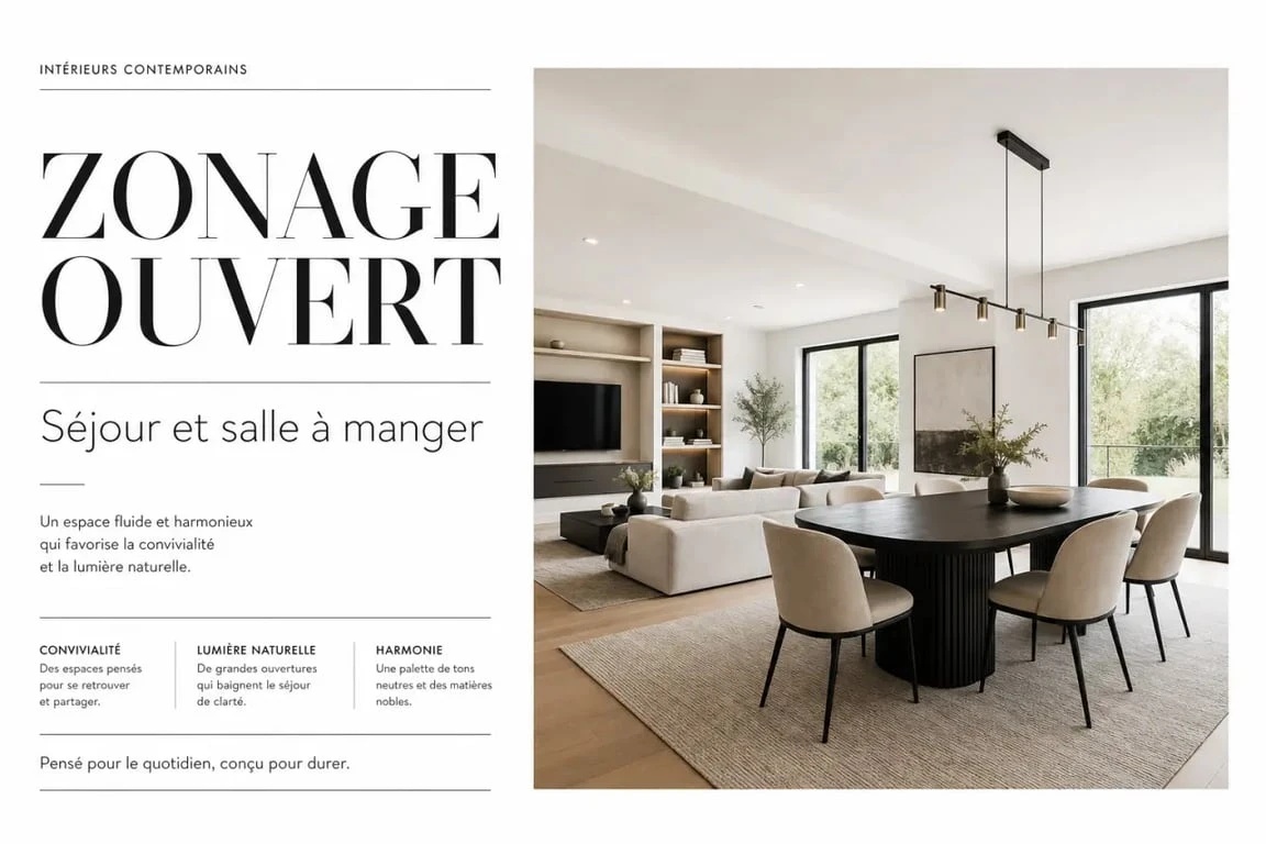 Aménagement harmonieux d'une salle à manger et salon dans la même pièce avec délimitation par tapis