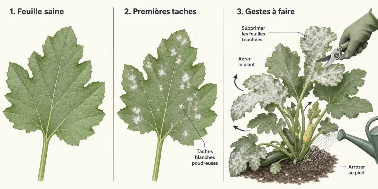 Traitement oidium courgette : évolution des symptômes et gestes essentiels sur une feuille de courgette