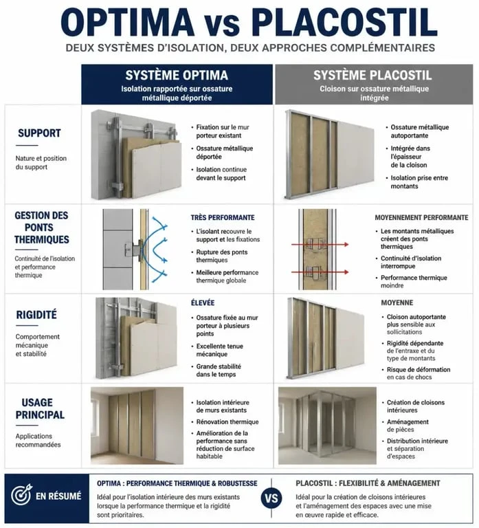 Infographie comparative des systèmes d'isolation Optima et Placostil pour murs intérieurs