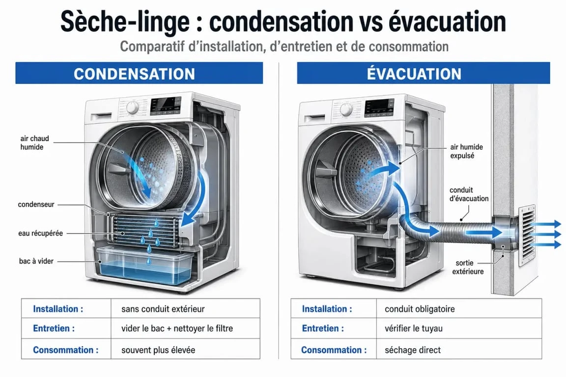 Sèche linge condensation ou évacuation différence : comparatif visuel des deux technologies