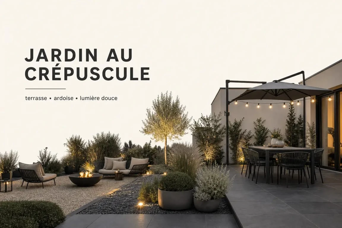 Déco jardin extérieur avec terrasse lumineuse, pots de fleurs, bordures minérales et coin détente chaleureux