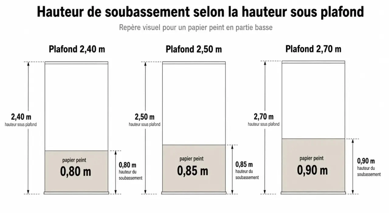 Schéma illustrant la hauteur idéale d'un papier peint soubassement selon la hauteur sous plafond