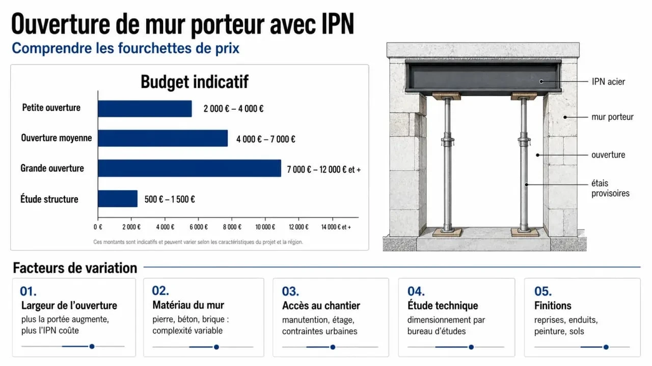 Mur porteur IPN prix : fourchettes de coût selon la taille de l’ouverture, le matériau du mur et les démarches techniques