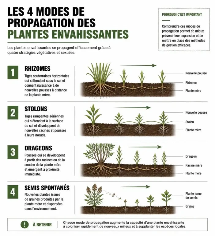 Infographie explicative des modes de propagation des plantes envahissantes dans un jardin