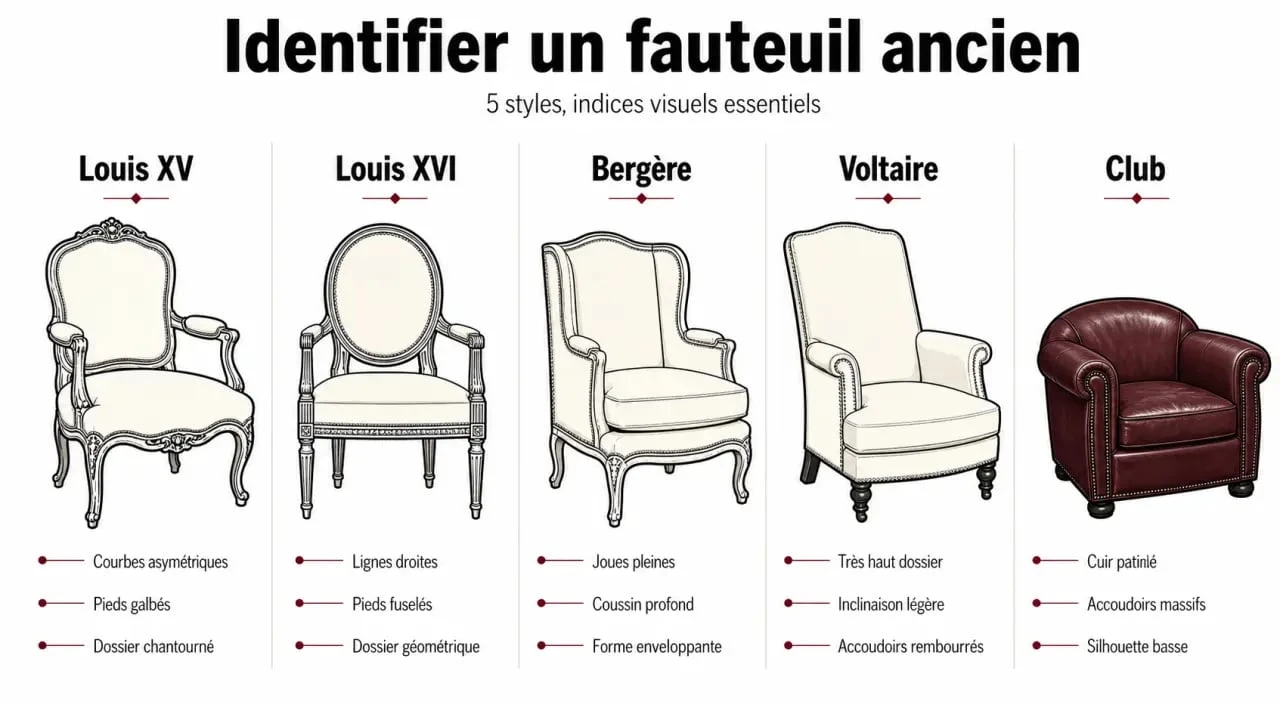 Fauteuil ancien : comparaison visuelle des styles Louis XV, Louis XVI, bergère, Voltaire et club