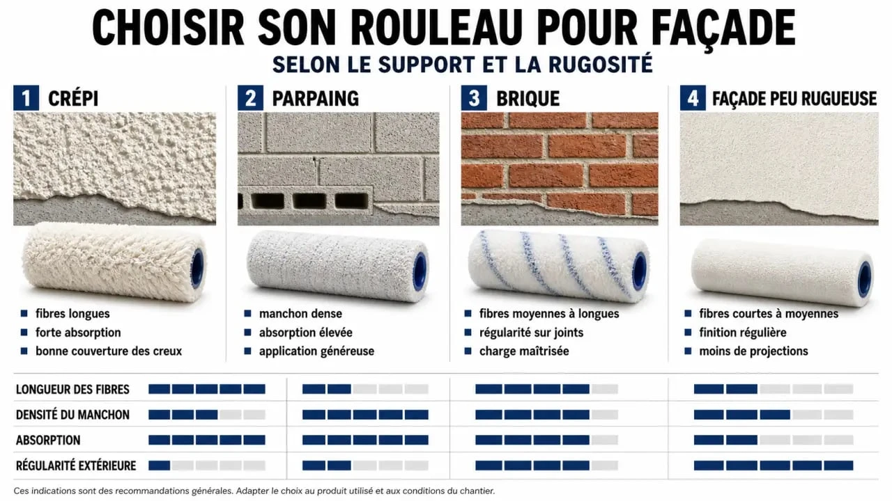 Rouleau pour facade : comparaison visuelle des types de manchons selon crépi, parpaing, brique et façade peu rugueuse