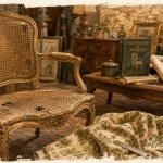 Fauteuil ancien en brocante, bois sculpté et cannage visible