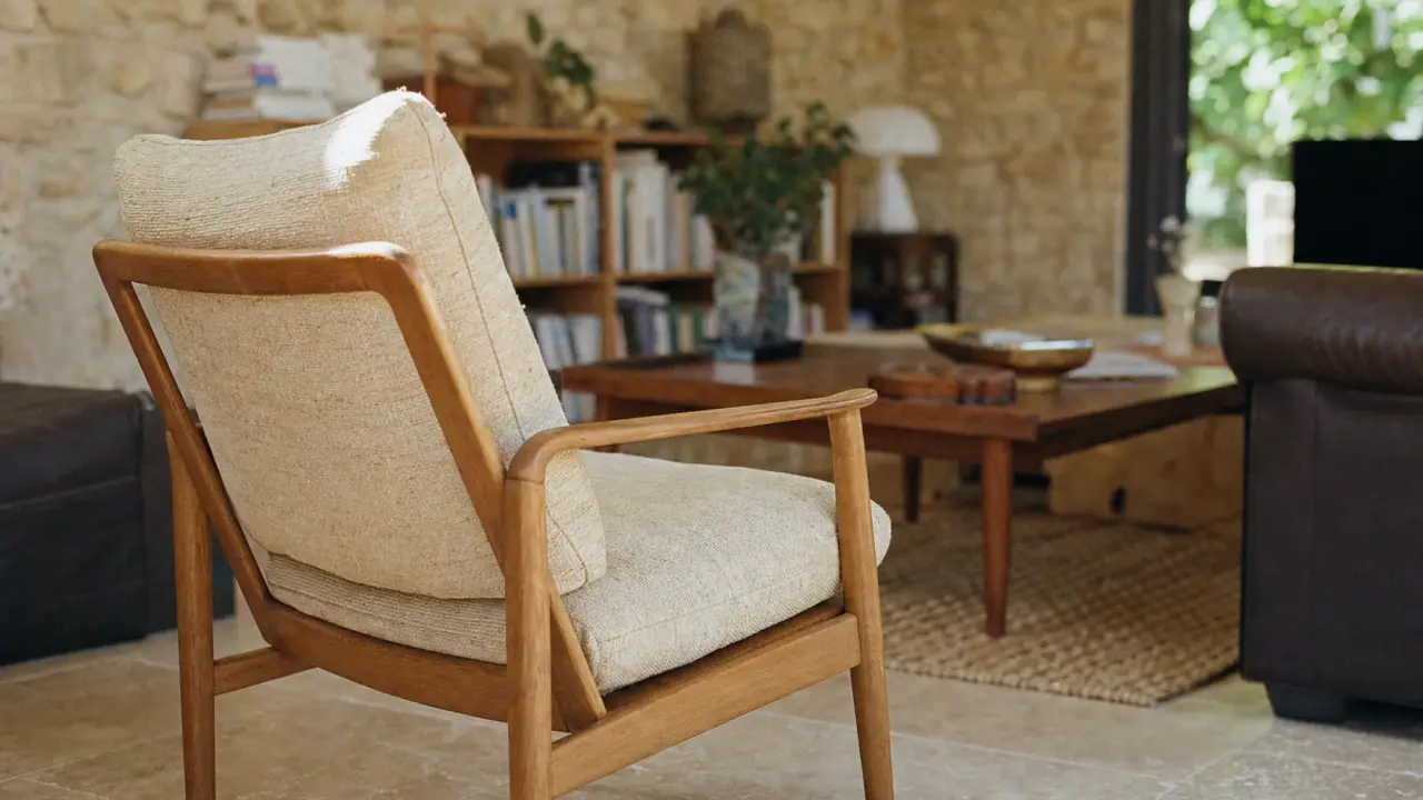 Fauteuil vintage scandinave dans un petit salon lumineux, bois clair, tissu crème