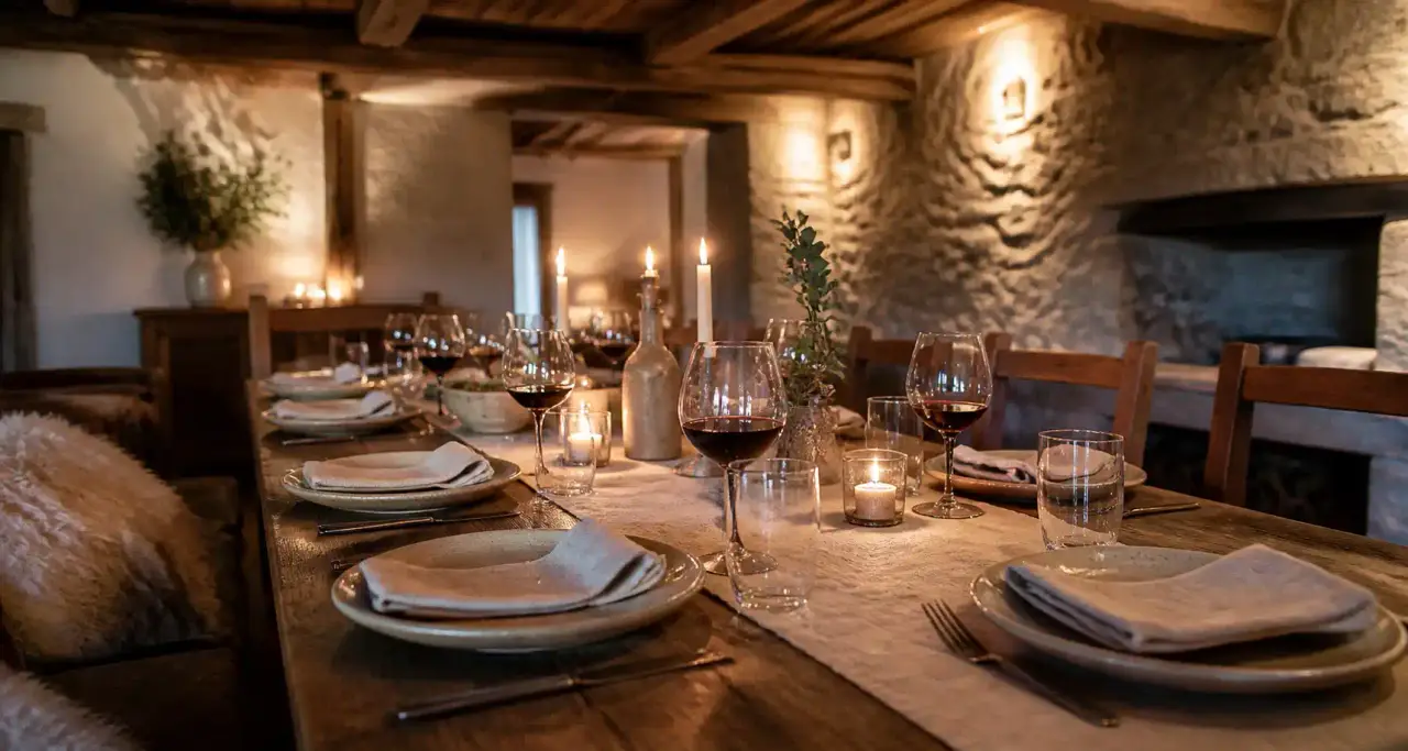 Table dressée pour recevoir dans une maison de pierre ancienne rénovée, poutres apparentes et bougies