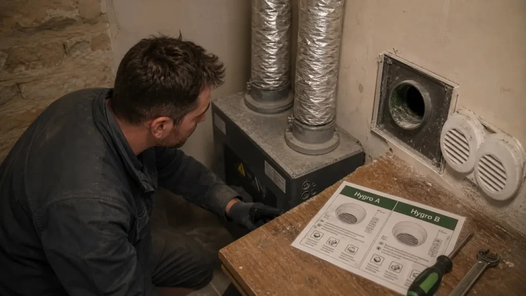 hygroréglable a ou b : entrées d’air VMC, technicien inspecte les conduits