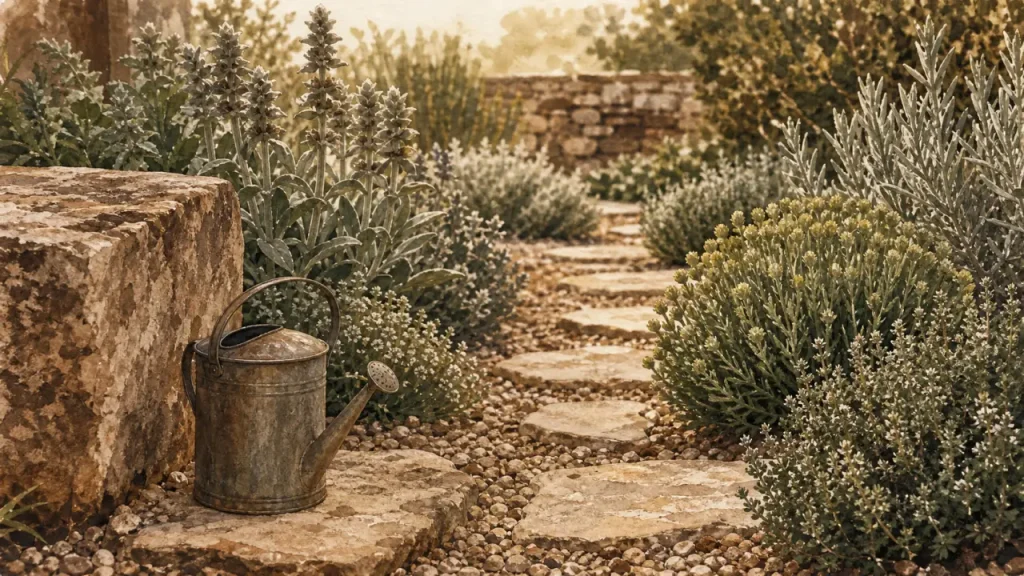 Jardin méditerranéen sans entretien : allée en pierre et paillage minéral