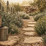 Jardin méditerranéen sans entretien : allée en pierre et paillage minéral