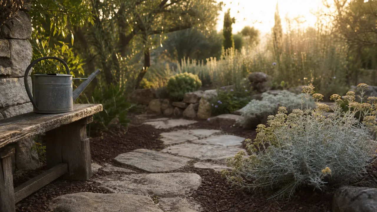 Jardin méditerranéen sans entretien avec paillage en pouzzolane et santoline
