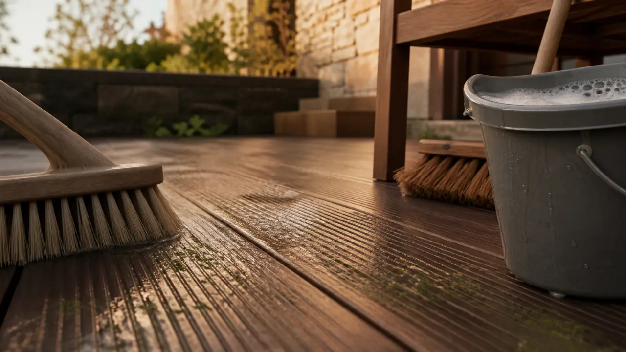 Brosse sur terrasse composite, eau savonneuse pour nettoyer terrasse en composite