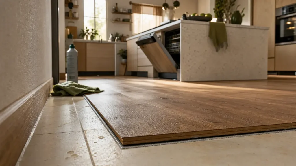 Parquet flottant dans une cuisine en chêne, humidité sous contrôle