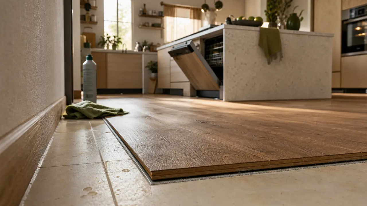 Parquet flottant dans une cuisine en chêne, humidité sous contrôle