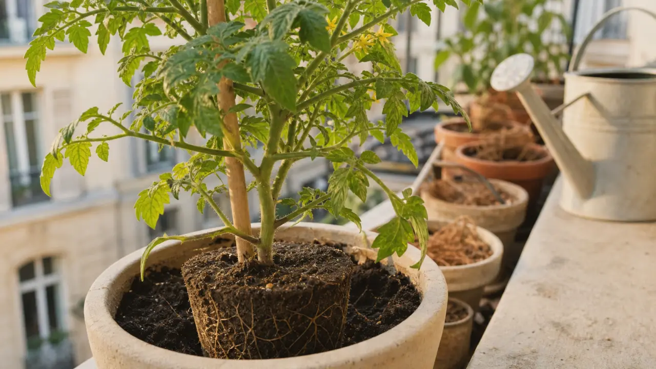 Plant tomate en pot sur balcon, mi-mai