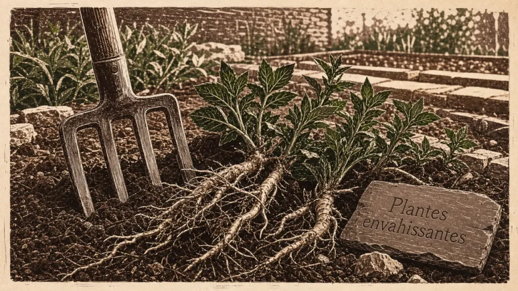 Plantes envahissantes jardin : racines et jeunes pousses envahissantes