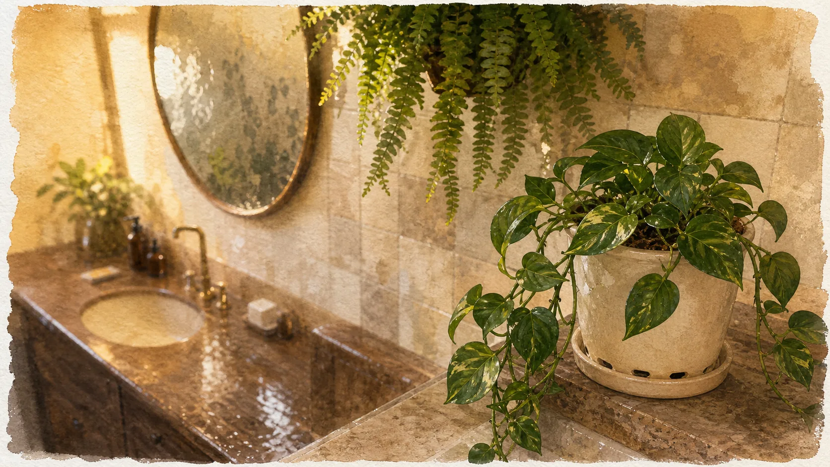Plantes faciles pour salle de bain : pothos et fougère, faible lumière et humidité